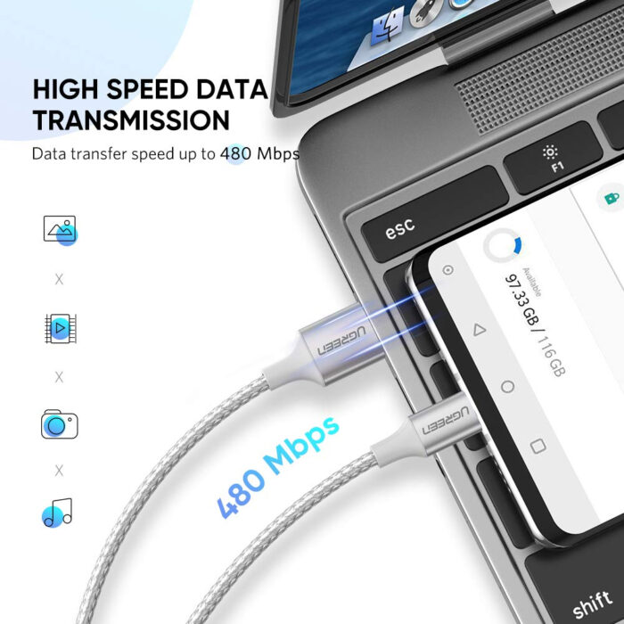 UGREEN USB 2.0 A na USB-C kabel 2m (bel) - polybag - Image 4