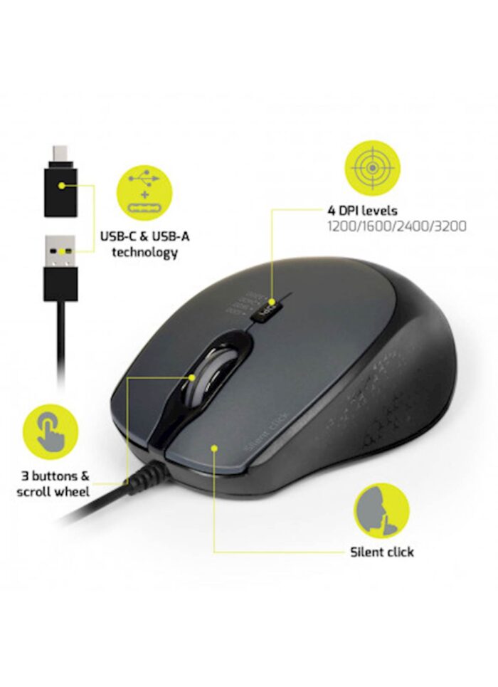 Miška PORT USB-A/USB-C, tiha, črna, 3600 dpi - Image 4