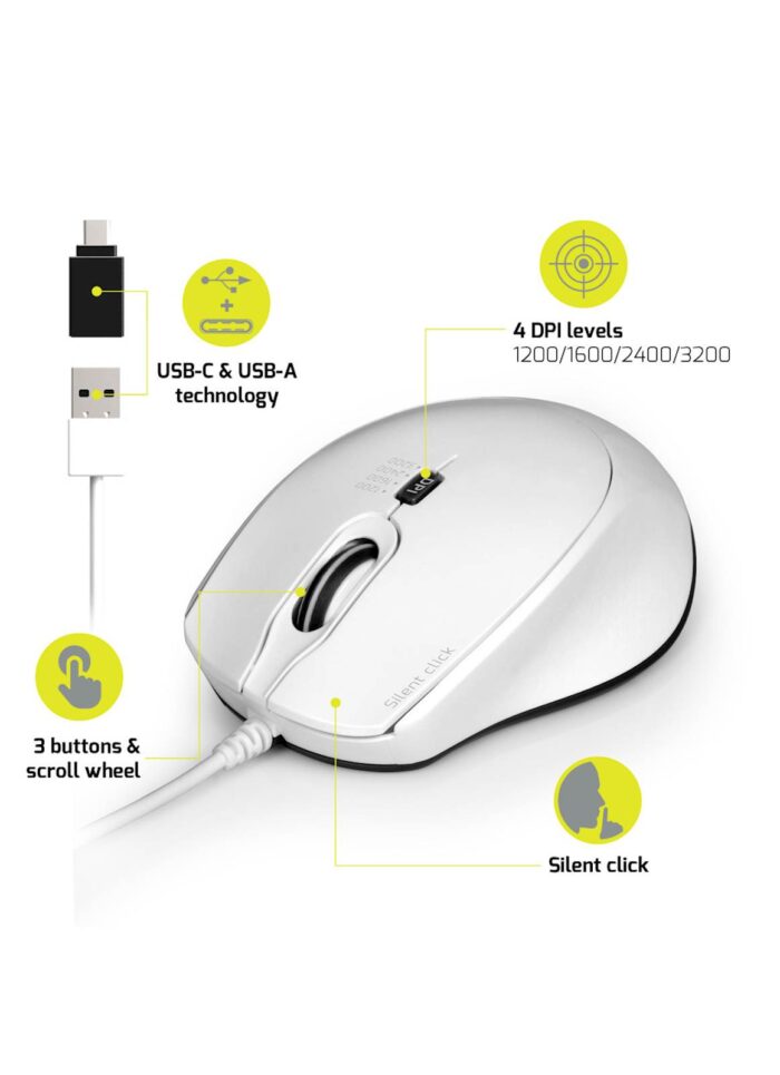 Miška PORT USB-A/USB-C, tiha, bela, 3600 dpi - Image 4