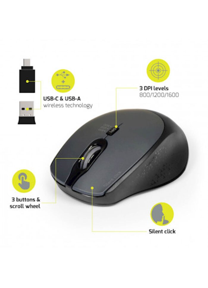 Miška PORT brezžična, USB-A & USB-C, tiha, črna - Image 4