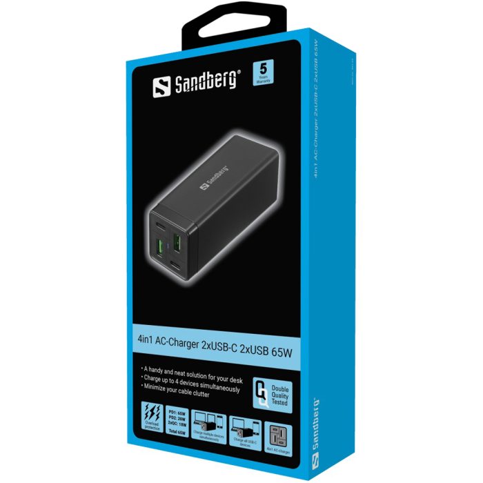 Sandberg 4in1 polnilnik 2x USB-C in 2x USB 65W - Image 5
