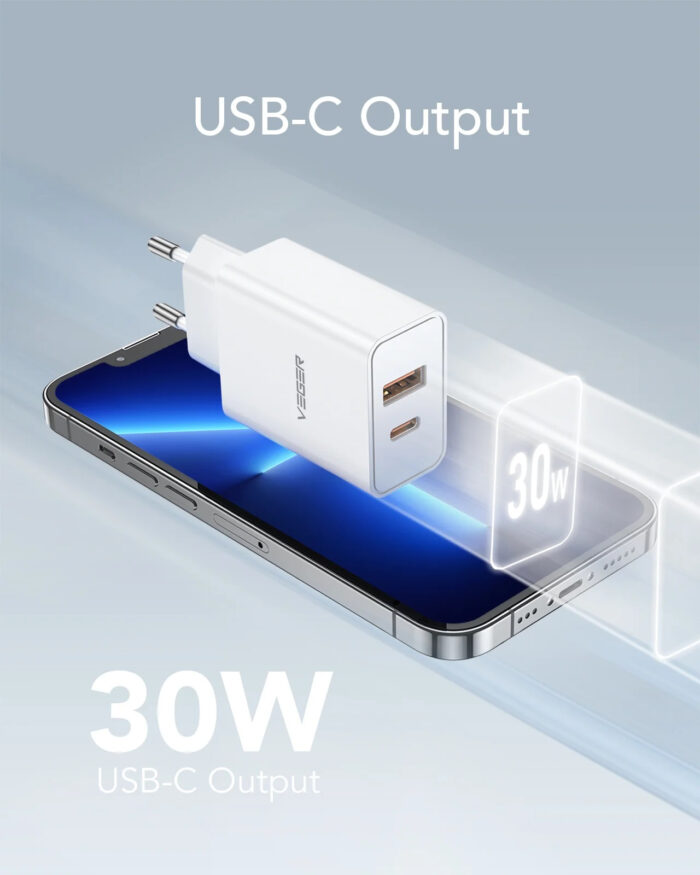 VEGER VLS302U 2-portni polnilec, USB-A/USB-C, QC3.0/PD3.0, bel - Image 3