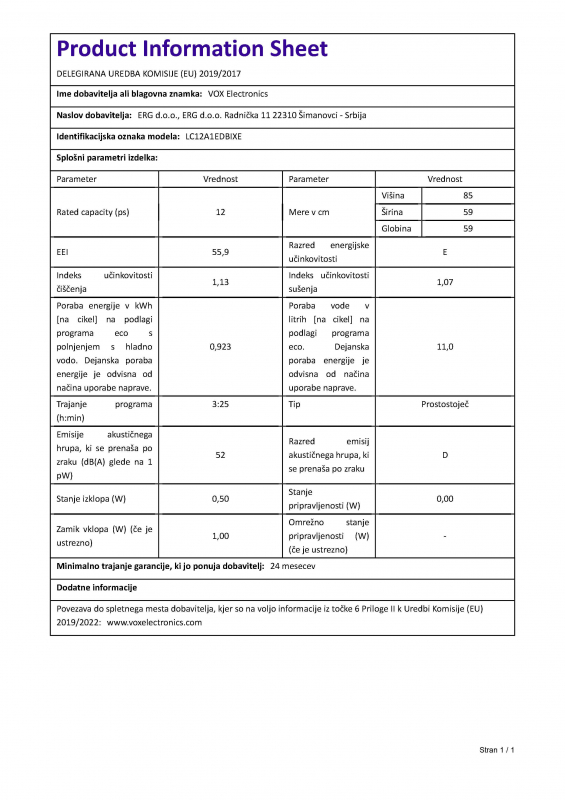 VOX pomivalni stroj LC 12A1EDB IX E [E, 12 pogr., 6 programov, inox-črn] - Image 6