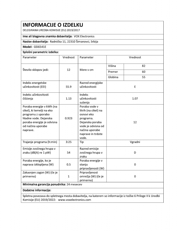 VOX vgradni pomivalni stroj GSI 6541 E [E, 12 pogr., 5 programov] - Image 4