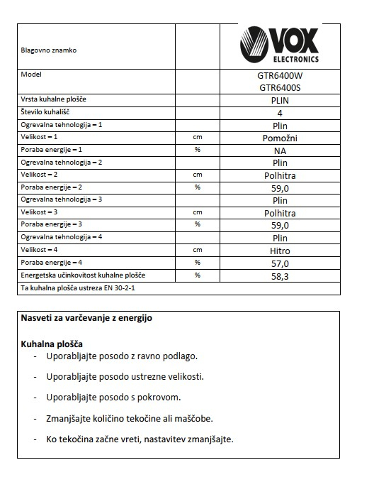 VOX plinski štedilnik GTR 6400 S (4x plin) - Image 6