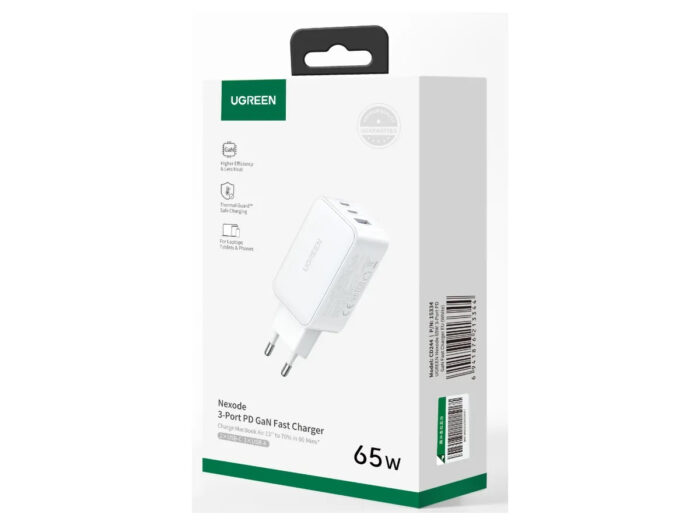 Ugreen USB-A in 2x USB-C 65W GaN hitri polnilec - box Bel - Image 4