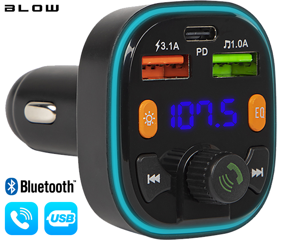 BLOW 74-170 FM oddajnik, Bluetooth 5.0, QC 3.0, SuperBASS, LCD, telefoniranje, 2x USB-A, 1x USB-C
