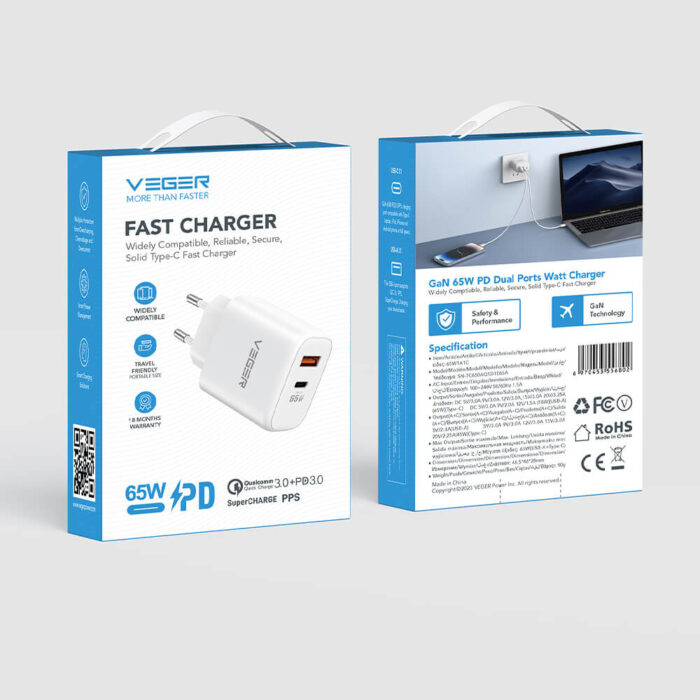 VEGER 65W1A1C 2-portni polnilec, USB-A/USB-C, QC3.0/PD3.0, bel - Image 3