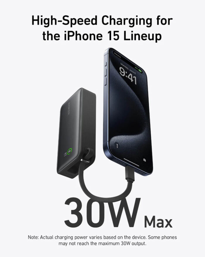 Anker 545 Nano powerbank 10K z vgrajenim kablom USB-C, črn - Image 3