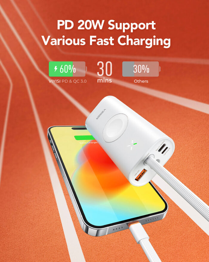 VEGER prenosna baterija MagFan 10000 mAh, vgrajen kabel in Apple Watch - Image 5