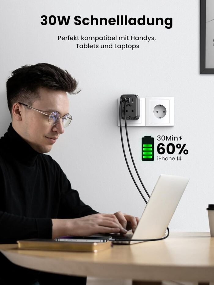 Ugreen Nexode 4v1 USB vtičnica 30W z 2xUSB, 1xUSB-C in Quick Charge - Image 6