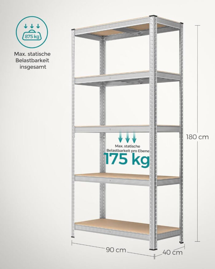 SONGMICS Regal 180 x 90 x 40 cm srebrna,GLR40SV