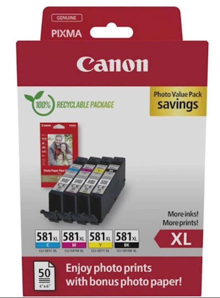 KOMPLET CANON CLI-581 CYAN XL, MAGENTA XL, RUMENA XL, ČRNA XL IN FOTO PAPIR